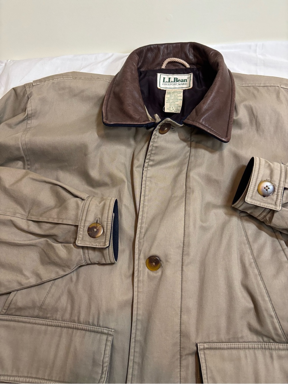 L.L. Bean Men's Khaki Cotton Bomber Jacket with Brown Leather Collar vintage